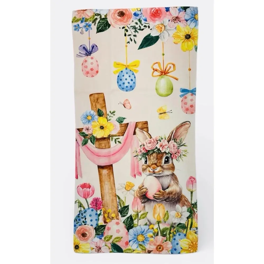 Easter Bunny Rabbit & Cross Hand Towels 2 Pcs Spring Flowers 13.7x 28.7 Inch NEW